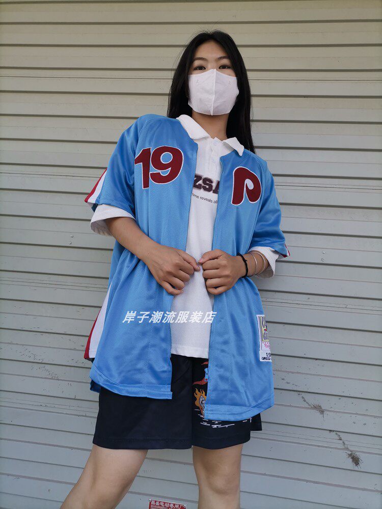 아메리칸 하이 스트리트 브이넥 힙합 저지 반팔 야구 유니폼 가디건 레트로 트렌디 브랜드 오버사이즈 대형 재킷