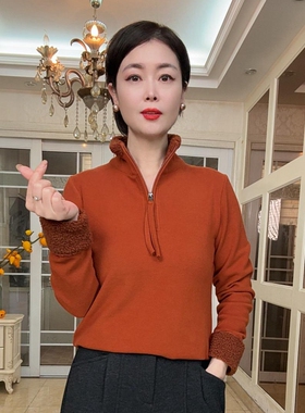 通勤风立领拉链卫衣女宽松长袖橙色百搭时尚上衣休闲半高领打底衫