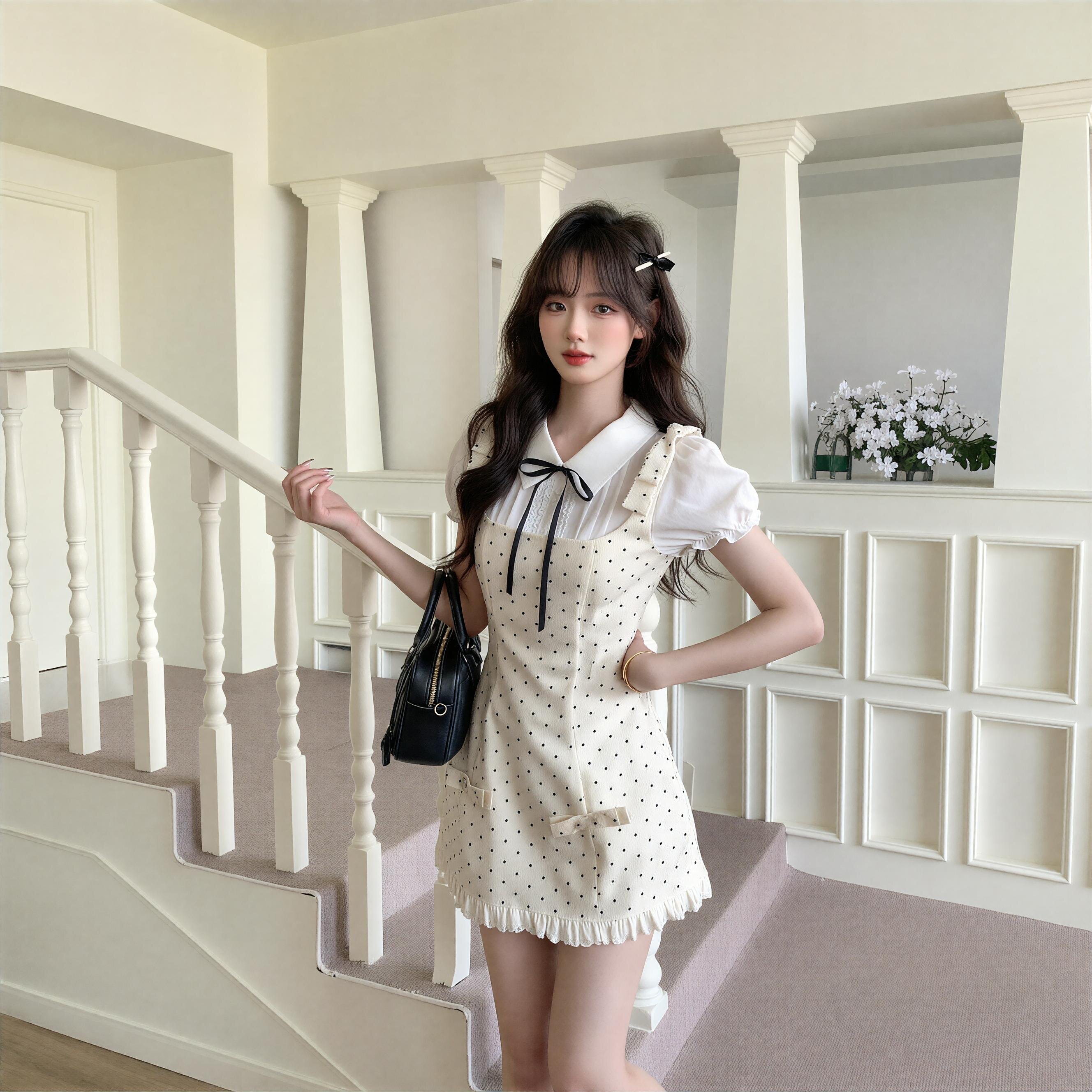 法式千金风polo领波点假两件连衣裙女夏季新款设计感蝴蝶结短裙子