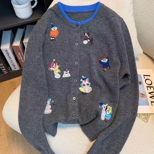 女设计感减龄甜美复古洋气毛衣外套遮肉女装 刺绣针织开衫 新款 秋装