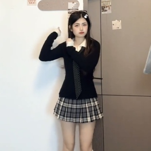 学院风格纹百褶裙女短裙A字显瘦半身裙低腰显瘦复古辣妹毛呢裙子