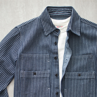 秋季 阿美咔叽美式 男长袖 牛仔条纹衬衫 衬衣 复古休闲纯棉双口袋工装