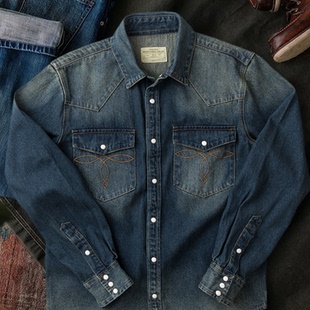 男长袖 复古重磅水洗做旧原色牛仔衬衫 休闲衬衣男 美式 阿美咔叽工装