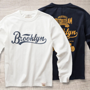 复古双面印花打底衫 纯棉圆领美式 秋 T恤男士 重磅280g阿美咔叽长袖