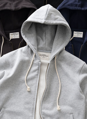 重磅500g加绒连帽开衫卫衣男秋季美式复古加厚纯棉纯色拉链外套男