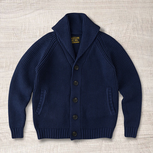 美式复古阿美咔叽青果领加厚华夫格羊毛毛衣男冬季开衫翻领外套男