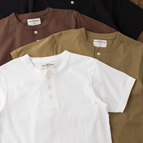 重磅240g阿美咔叽美式复古基础款纯棉纯色亨利领短袖T恤男打底衫