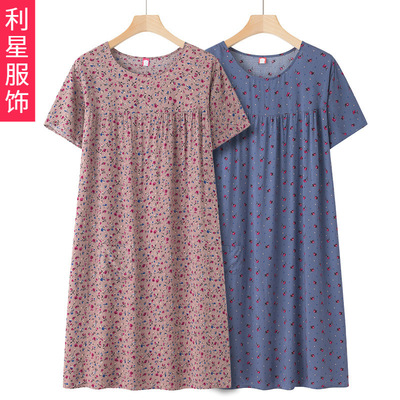 中老年人宽松棉绸短袖连衣裙