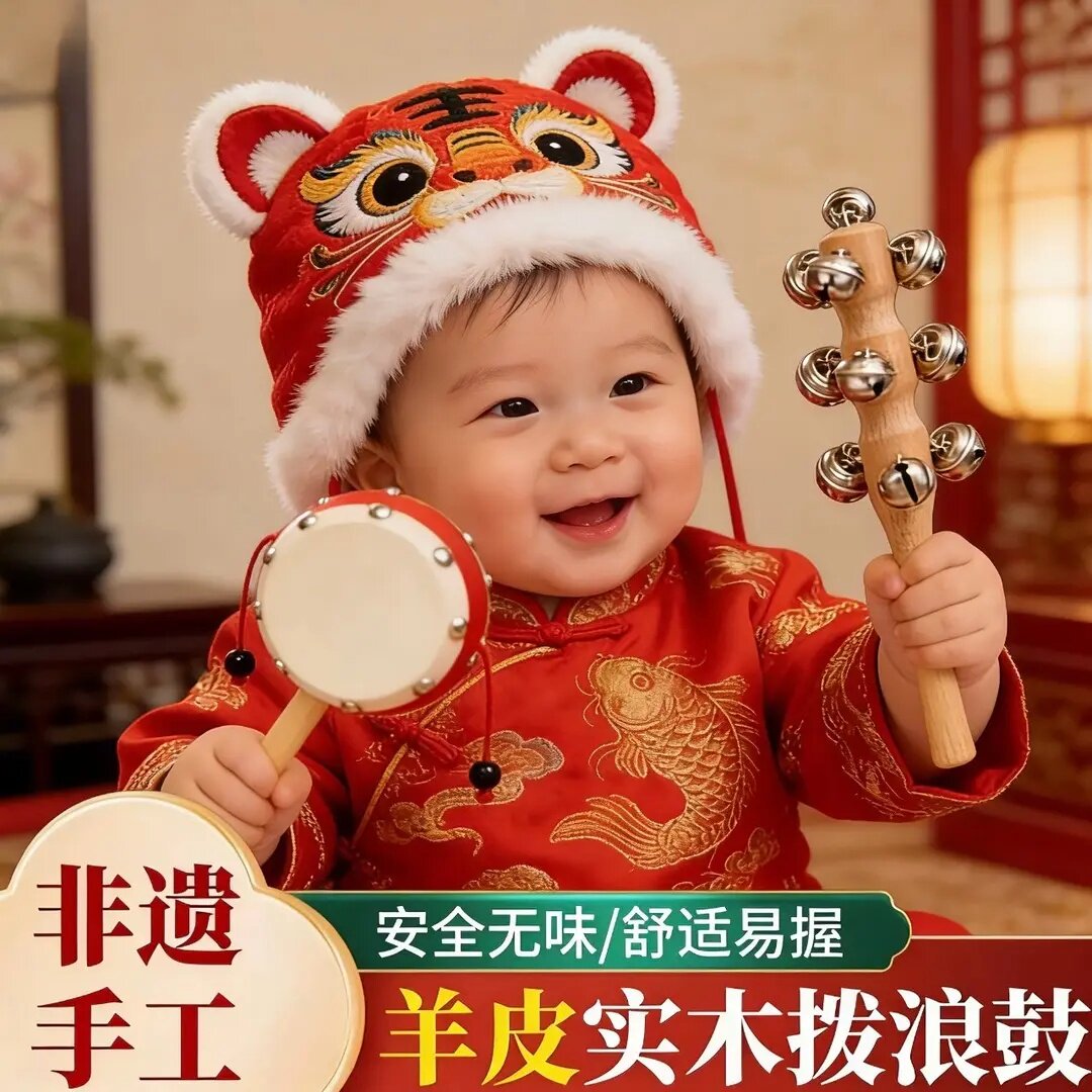 羊皮拨浪鼓婴儿啃咬手摇儿童木制老式哗啦玩具益智0-3岁宝宝玩具