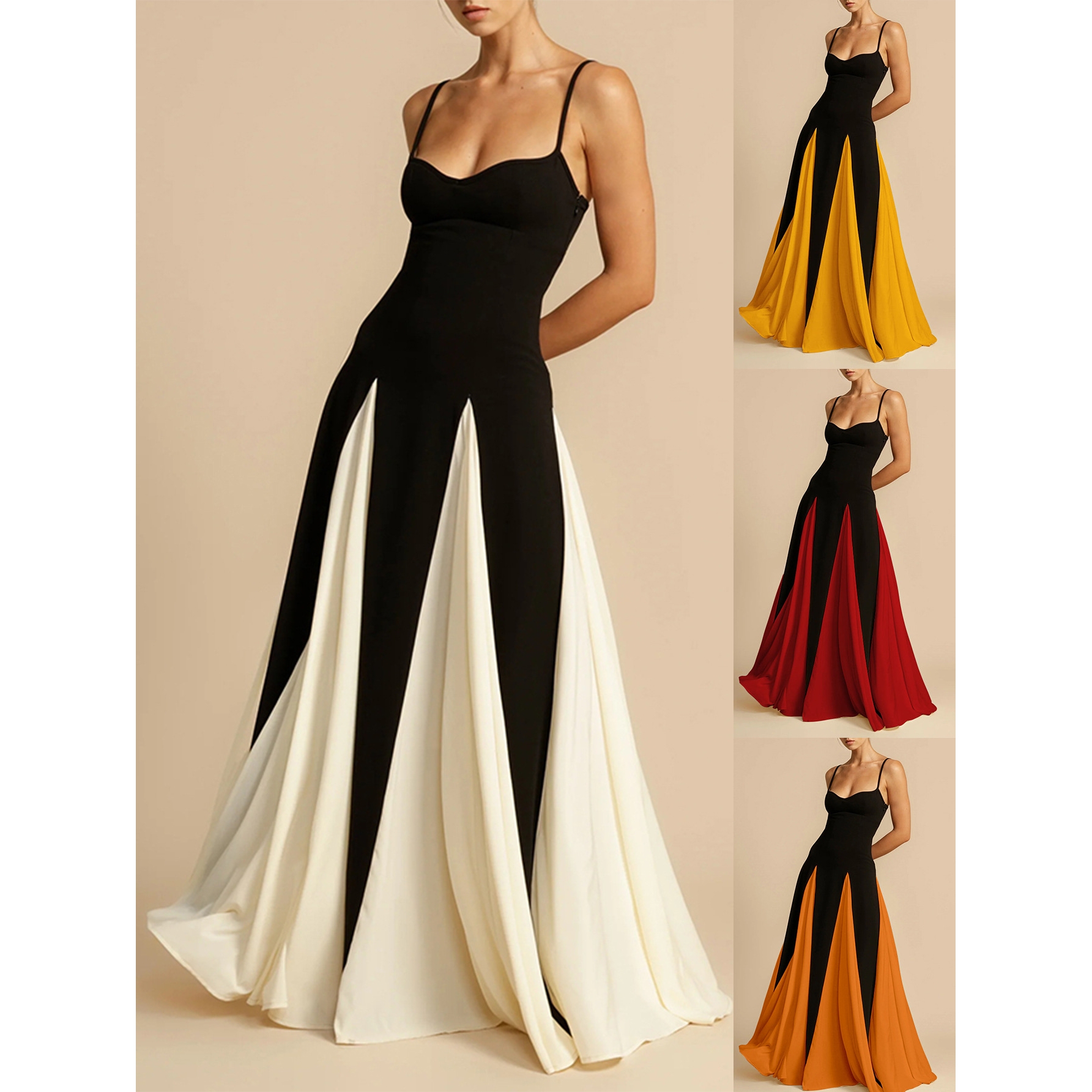跨境女装优雅时尚性感夜店潮流露肩拼接大摆吊带连衣裙女士晚礼服
