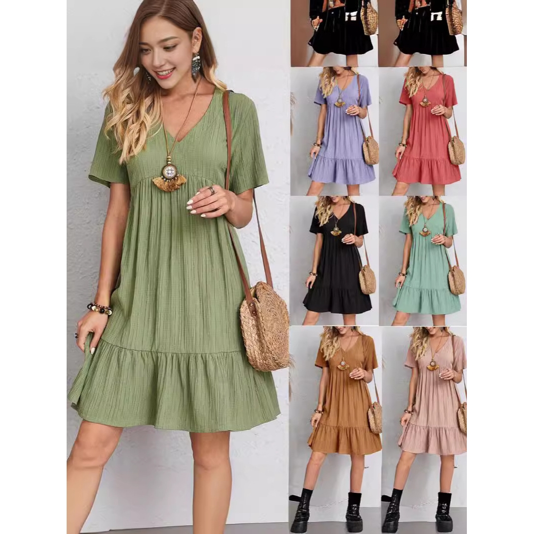 2025夏季跨境外贸欧美女装亚马逊裙子宽松休闲短袖束腰飘逸连衣裙