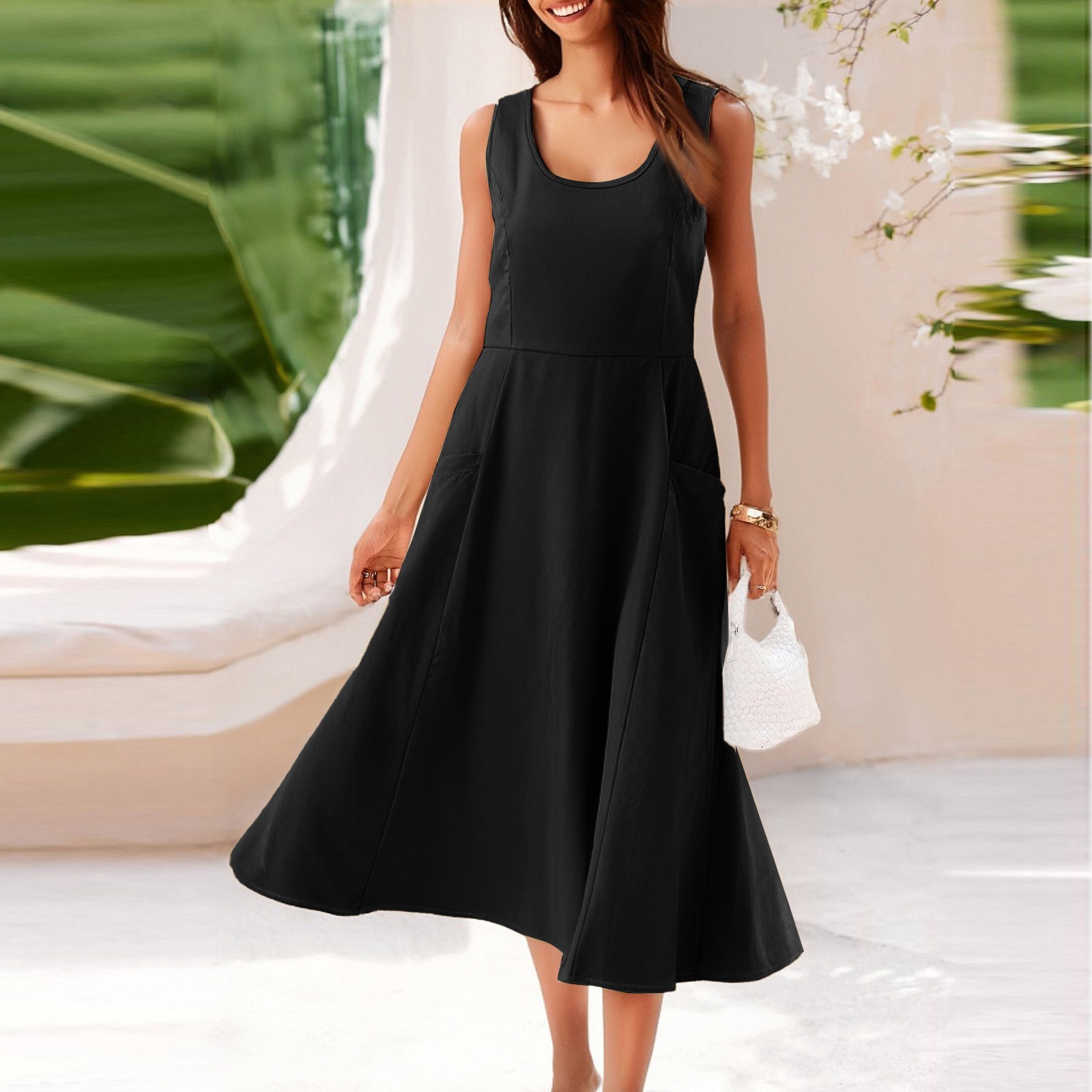 亚马逊独立站wish2025夏季欧美外贸口袋无袖圆领女装气质连衣裙