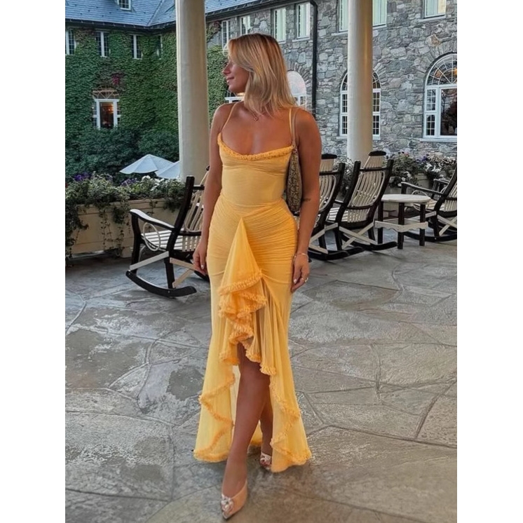 欧美性感跨境外贸晚礼服连衣裙时尚V领吊带缩褶花边不规则长裙