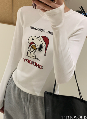 T.TOO 2025冬季卡通小狗字母加绒T恤女百搭修身显瘦上衣12423