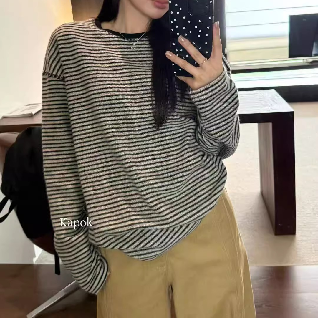 Kapok 秋冬韩版宽松休闲慵懒风百搭条纹长袖T恤女上衣打底衫35072