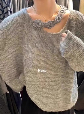 hers一勺甜秋冬季宽松慵懒玫瑰花朵灰色针织衫罩衫毛衣上衣10213