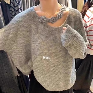 hers一勺甜秋冬季宽松慵懒玫瑰花朵灰色针织衫罩衫毛衣上衣10213
