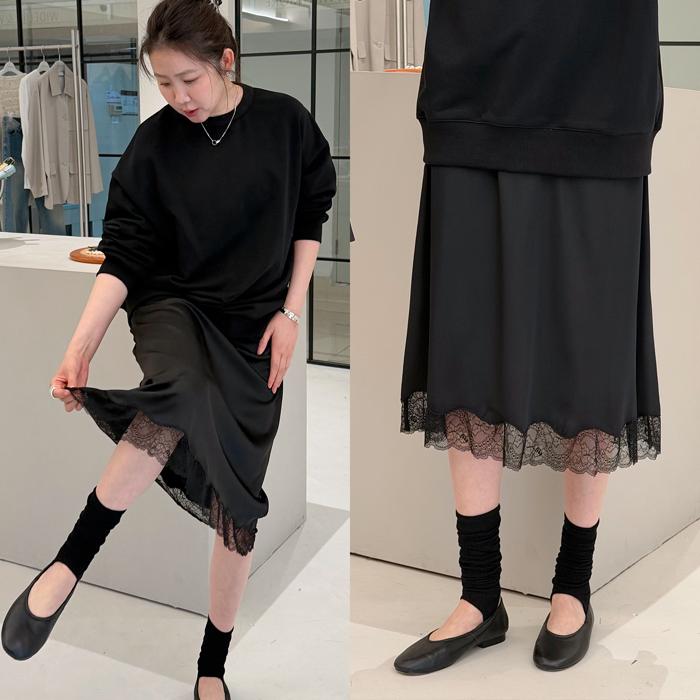 widelia陈姬儿春季韩系黑色气质蕾丝拼接半身裙优雅显瘦长裙7019