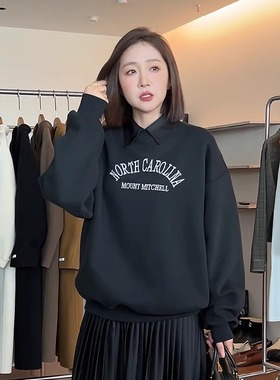 widelia陈姬儿秋冬韩版粉色字母卫衣女休闲风圆领加绒上衣潮9251