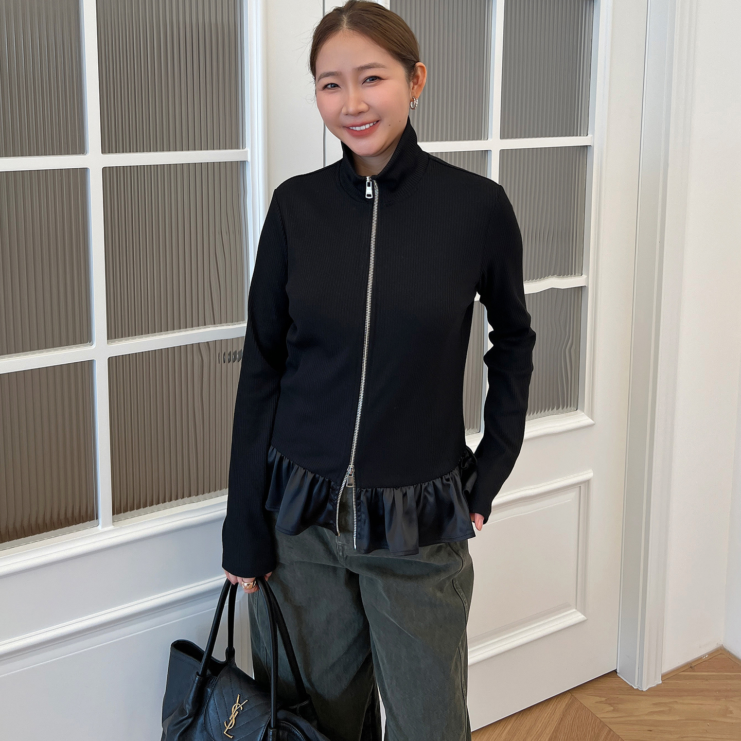 widelia陈姬儿秋季韩系高领双拉链针织衫拼接荷叶边长袖开衫8082