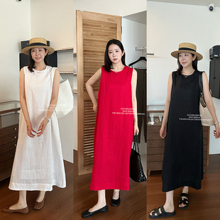 widelia陈姬儿夏季 背心裙宽松长裙亚麻连衣裙8359 韩系通勤风无袖