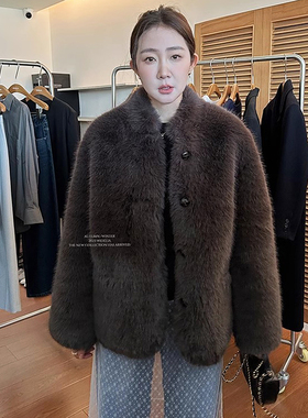 widelia陈姬儿韩版保暖毛毛名媛气质咖色皮毛一体外套女秋冬9290