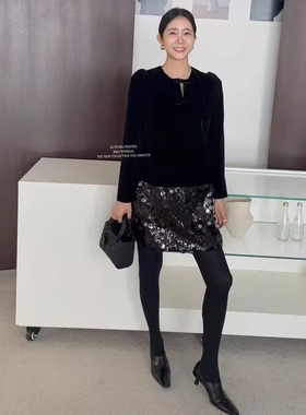 widelia陈姬儿秋冬年会穿搭法式亮片短裙内搭丝绒上衣连衣裙9396