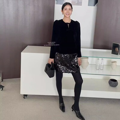 widelia陈姬儿秋冬年会穿搭法式亮片短裙内搭丝绒上衣连衣裙9396