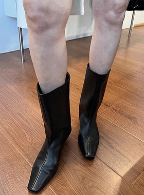 widelia陈姬儿秋冬黑色百搭尖头低跟中筒靴瘦瘦靴丑丑短靴女9693