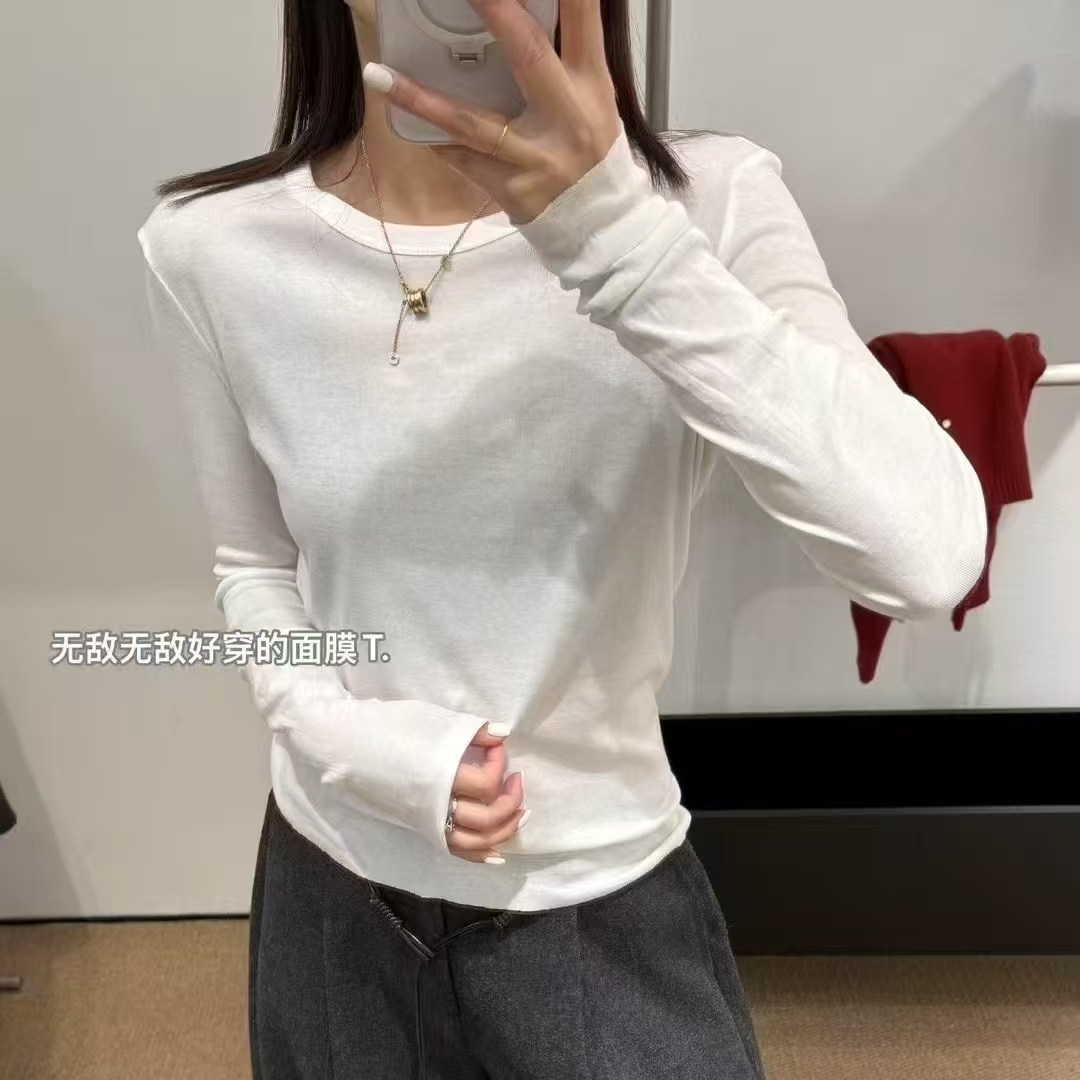 T.TOO  冬季简约柔软纯色面膜T恤百搭圆领长袖打底衫内搭上衣2398