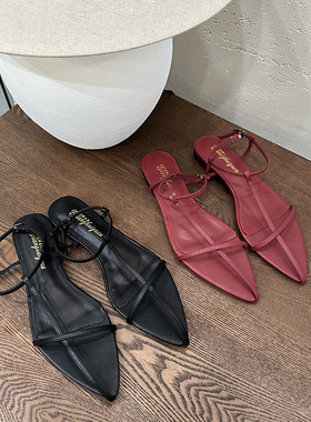 陈姬儿夏季黑色尖头凉鞋女平底一字细带罗马鞋网红同款鞋子198