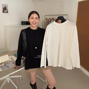 widelia陈姬儿夏季 女宽松显瘦棉T恤上衣7173 圆领线条感长袖 打底衫