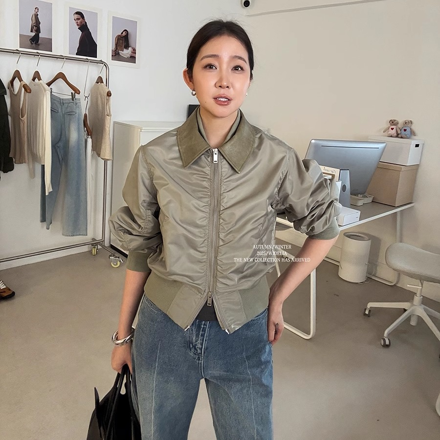 widelia陈姬儿春季拼接翻领褶皱压褶飞行夹克短款外套上衣女7057