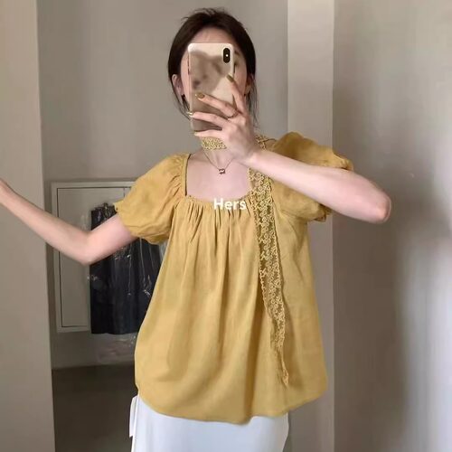 hers 一勺甜夏季法式蕾丝飘带一字肩衬衫可爱减龄泡泡袖上衣20795