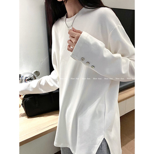 扣子侧开叉显瘦打底衫 2025冬季 磨毛白色T恤女百搭长袖 厚款 811 新款