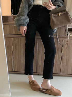 hers 一勺甜 冬季新款黑色加绒牛仔裤百搭显瘦九分裤直筒裤8687