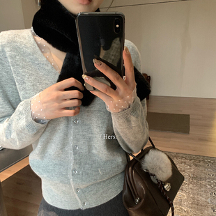 女舒适绝美羊毛开衫 hers 拼接蕾丝波点针织衫 冬季 92638 一勺甜