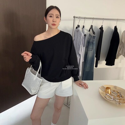 widelia陈姬儿秋季套头休闲斜肩上衣长袖T恤露肩不规则卫衣女7099