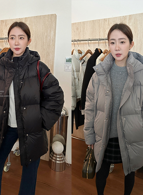 widelia陈姬儿冬季黑色羽绒服宽松中长款面包服加厚连帽外套9320