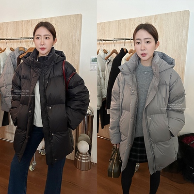 widelia陈姬儿冬季黑色羽绒服宽松中长款面包服加厚连帽外套9320