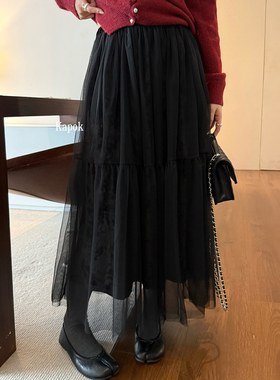 Kapok  2025冬季新款黑色网纱拼接丝绒显瘦半身裙时髦长裙35166