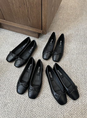 陈姬儿法式黑色方头单鞋女浅口平底蝴蝶结芭蕾鞋一脚蹬懒人鞋1135