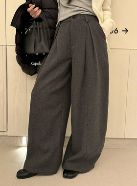 Kapok 2025冬季加厚不加绒压褶宽松呢子显瘦阔腿裤百搭长裤35082