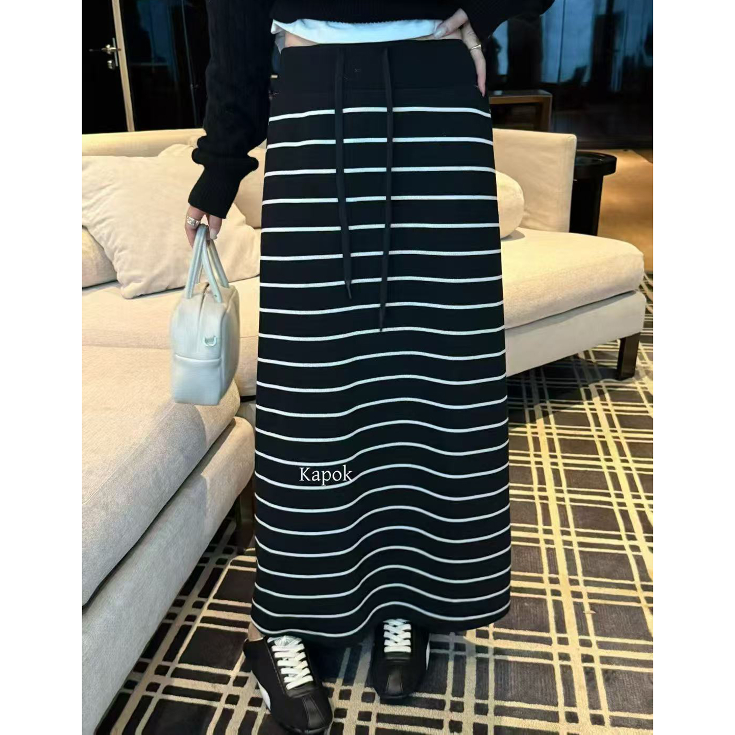 KAPOK 冬季松紧腰抽绳百搭半身裙韩系高腰显瘦条纹长裙A字裙25700