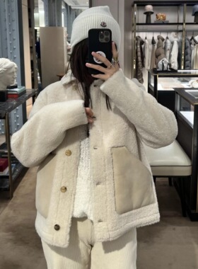 WAITMORE 冬季韩系高级感拼皮单排扣棉服保暖厚款毛绒外套8217