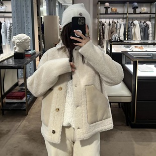 WAITMORE 冬季韩系高级感拼皮单排扣棉服保暖厚款毛绒外套8217