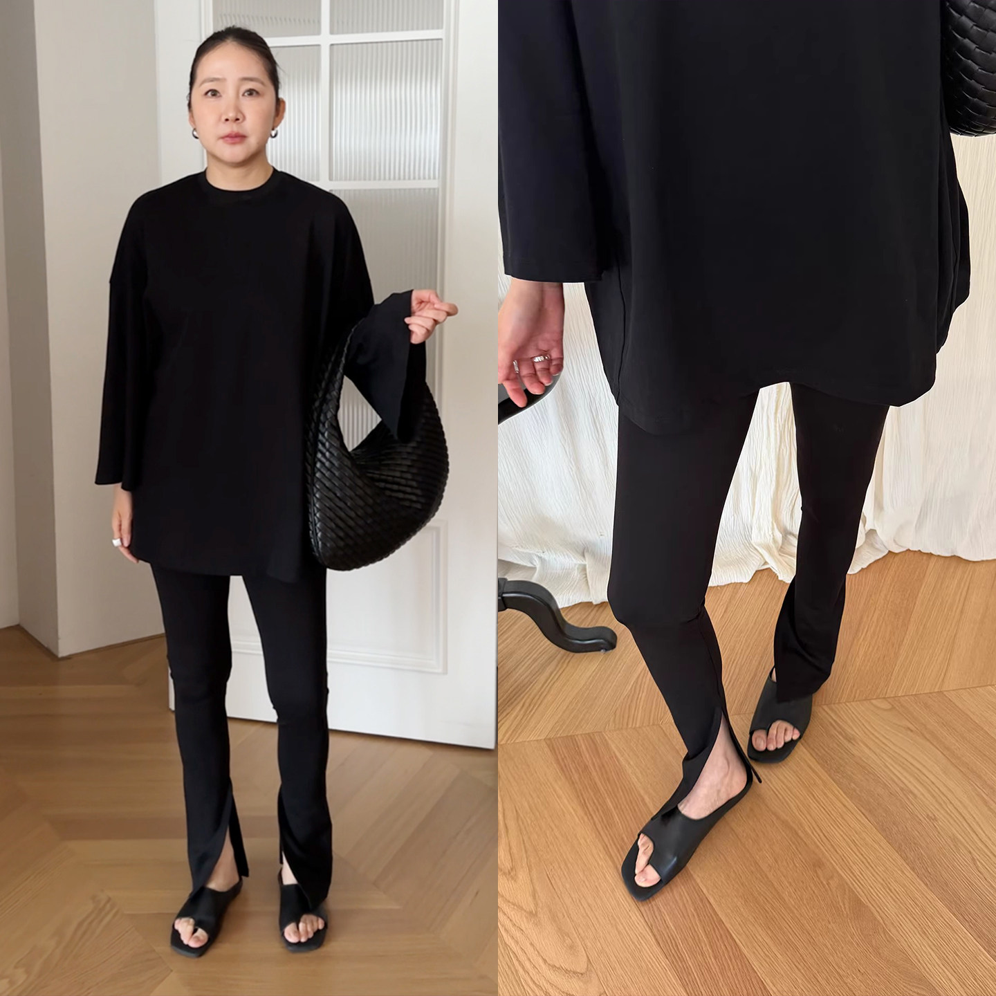 widelia陈姬儿春季超模瘦瘦裤黑色开叉打底裤女百搭休闲裤7050