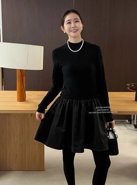 widelia陈姬儿秋冬小立领打底赫本风蓬蓬短裙内搭黑色连衣裙9375