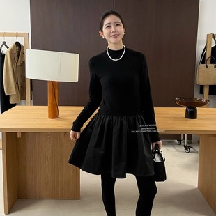 widelia陈姬儿秋冬小立领打底赫本风蓬蓬短裙内搭黑色连衣裙9375