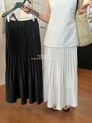 widelia陈姬儿气质白色缎面半身裙女松紧腰长款a字百褶裙伞裙8373